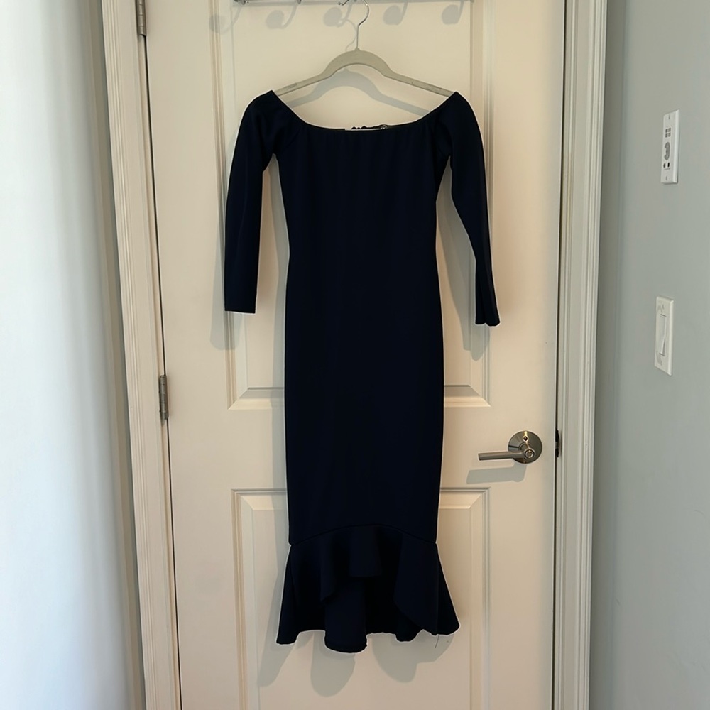 Navy Blue Off the Shoulder Midi Dress